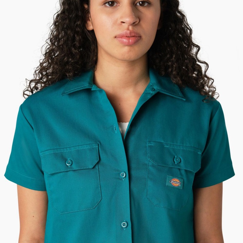 Green Dickies Cropped Women's Work Shirts | 965-LKNDGO