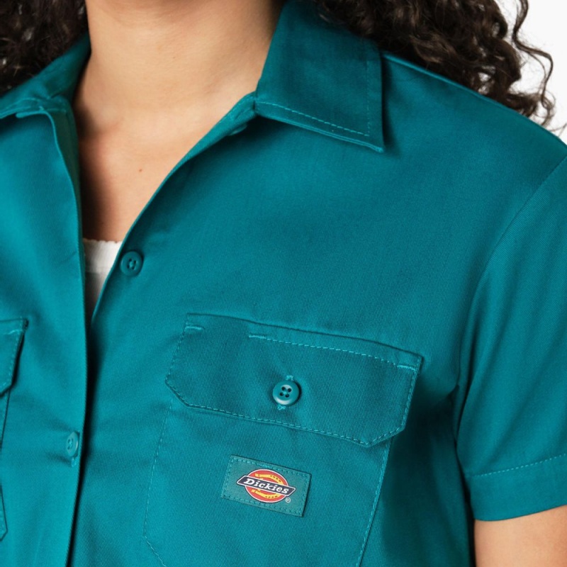 Green Dickies Cropped Women's Work Shirts | 965-LKNDGO