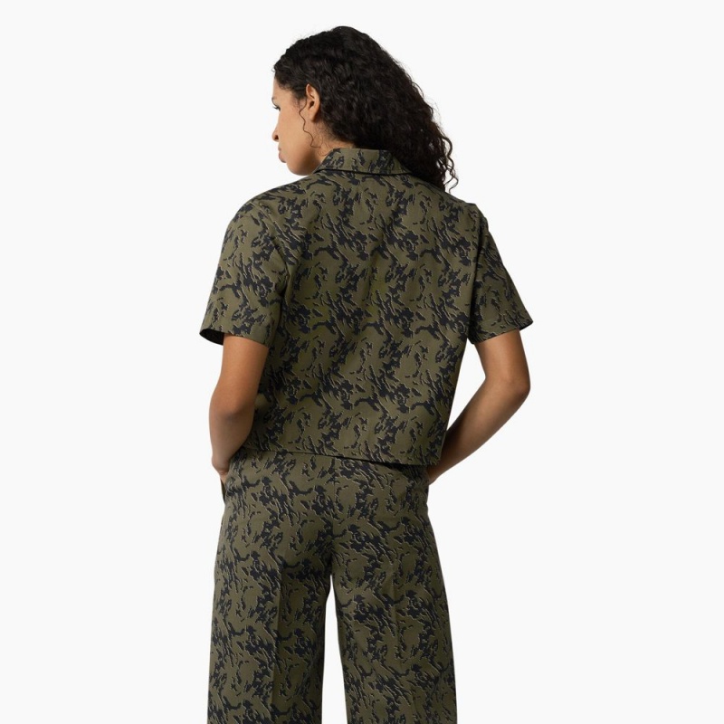 Green Dickies Drewsey Camo Cropped Women's Work Shirts | 765-DNSFOG