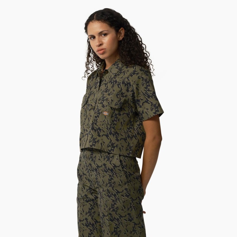 Green Dickies Drewsey Camo Cropped Women's Work Shirts | 765-DNSFOG