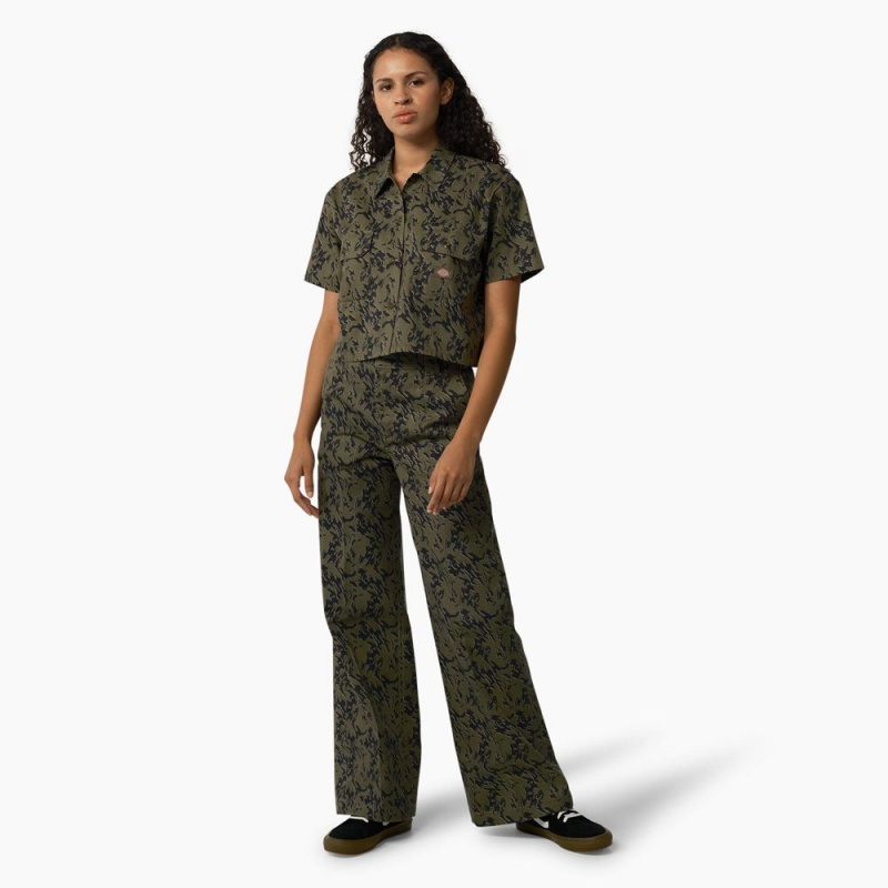 Green Dickies Drewsey Camo Cropped Women's Work Shirts | 765-DNSFOG