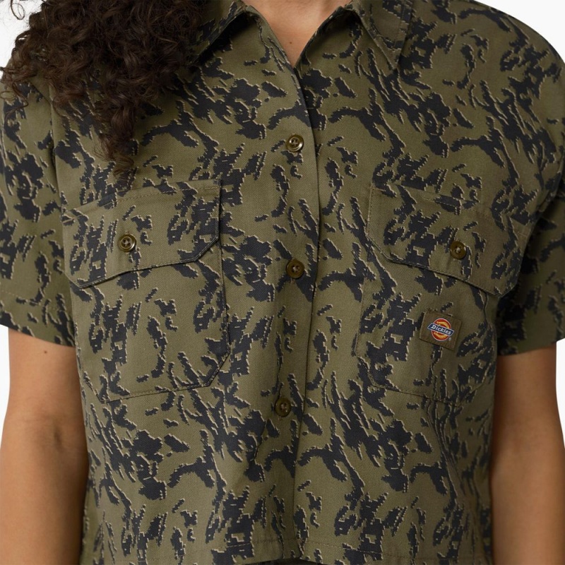 Green Dickies Drewsey Camo Cropped Women's Work Shirts | 765-DNSFOG