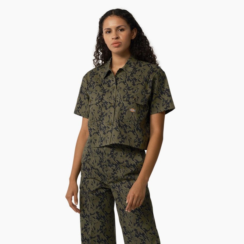 Green Dickies Drewsey Camo Cropped Women\'s Work Shirts | 765-DNSFOG