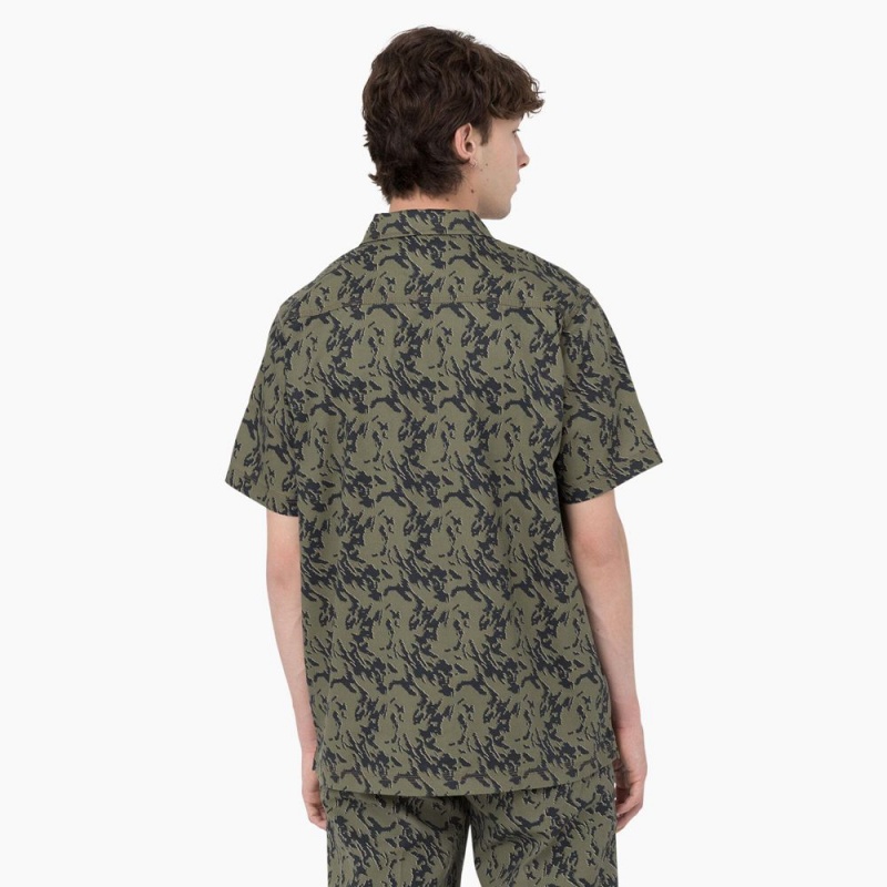 Green Dickies Drewsey Camo Short Sleeve Men's Work Shirts | 291-GZTNPF