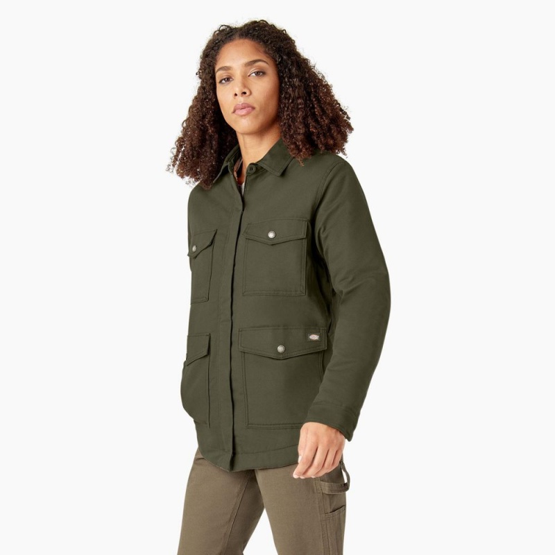 Green Dickies Duck High Pile Fleece Lined Chore Coat Women's Jacket | 587-NIGJFR