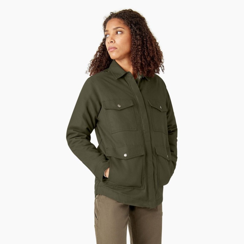 Green Dickies Duck High Pile Fleece Lined Chore Coat Women's Jacket | 587-NIGJFR