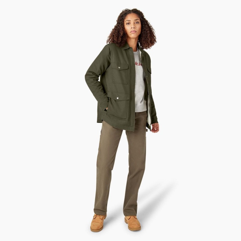 Green Dickies Duck High Pile Fleece Lined Chore Coat Women's Jacket | 587-NIGJFR