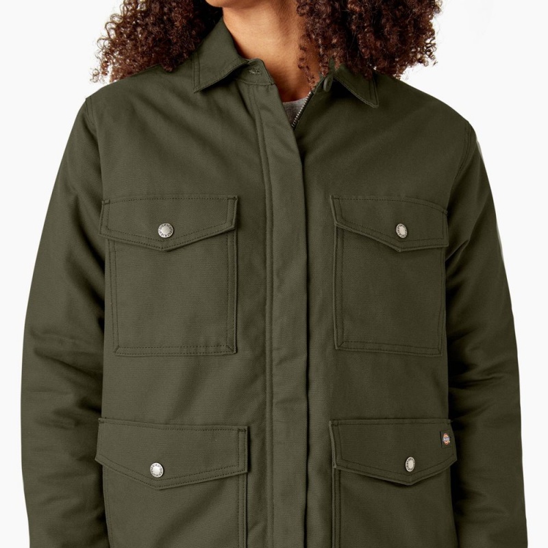 Green Dickies Duck High Pile Fleece Lined Chore Coat Women's Jacket | 587-NIGJFR