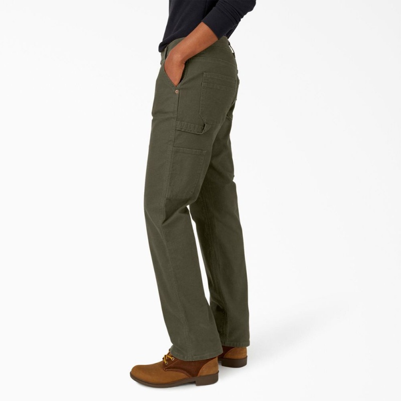 Green Dickies FLEX Relaxed Straight Fit Duck Carpenter Women's Pants | 825-VUBGWH