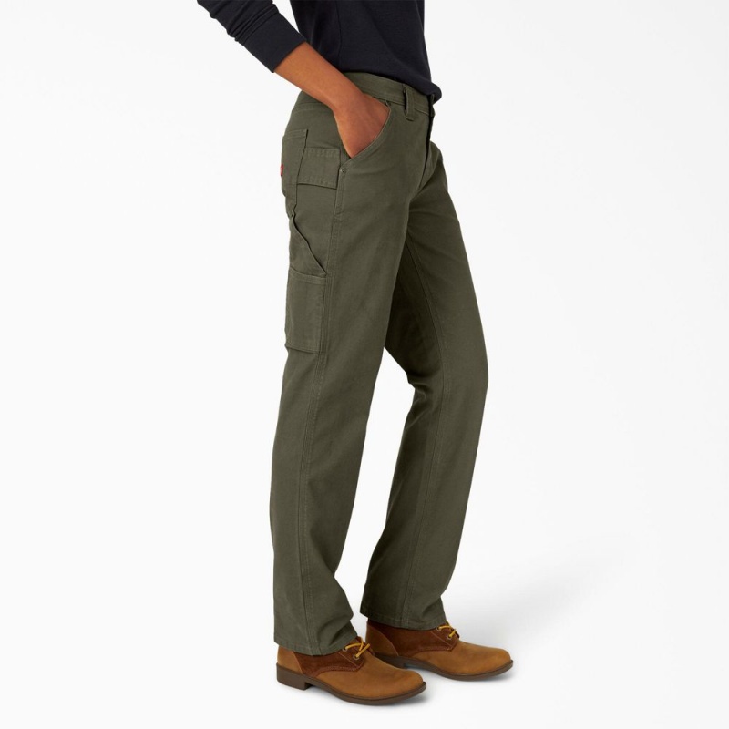 Green Dickies FLEX Relaxed Straight Fit Duck Carpenter Women's Pants | 825-VUBGWH