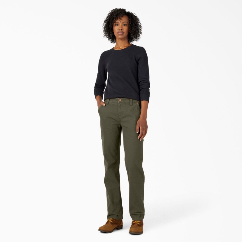 Green Dickies FLEX Relaxed Straight Fit Duck Carpenter Women's Pants | 825-VUBGWH