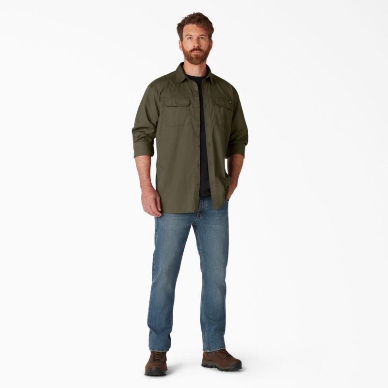 Green Dickies FLEX Ripstop Long Sleeve Men's Shirt | 327-ERTZBK