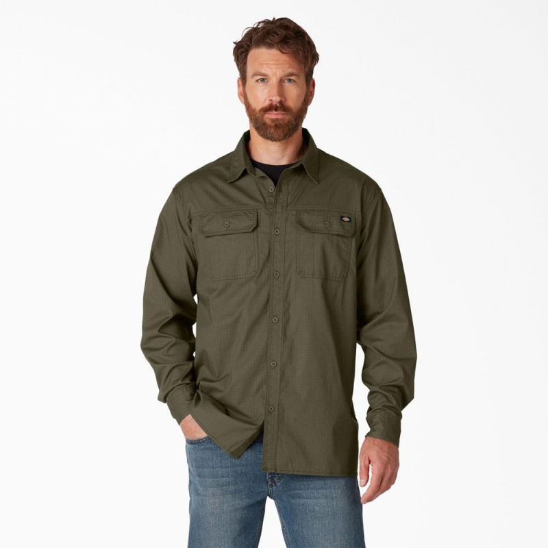 Green Dickies FLEX Ripstop Long Sleeve Men\'s Shirt | 327-ERTZBK