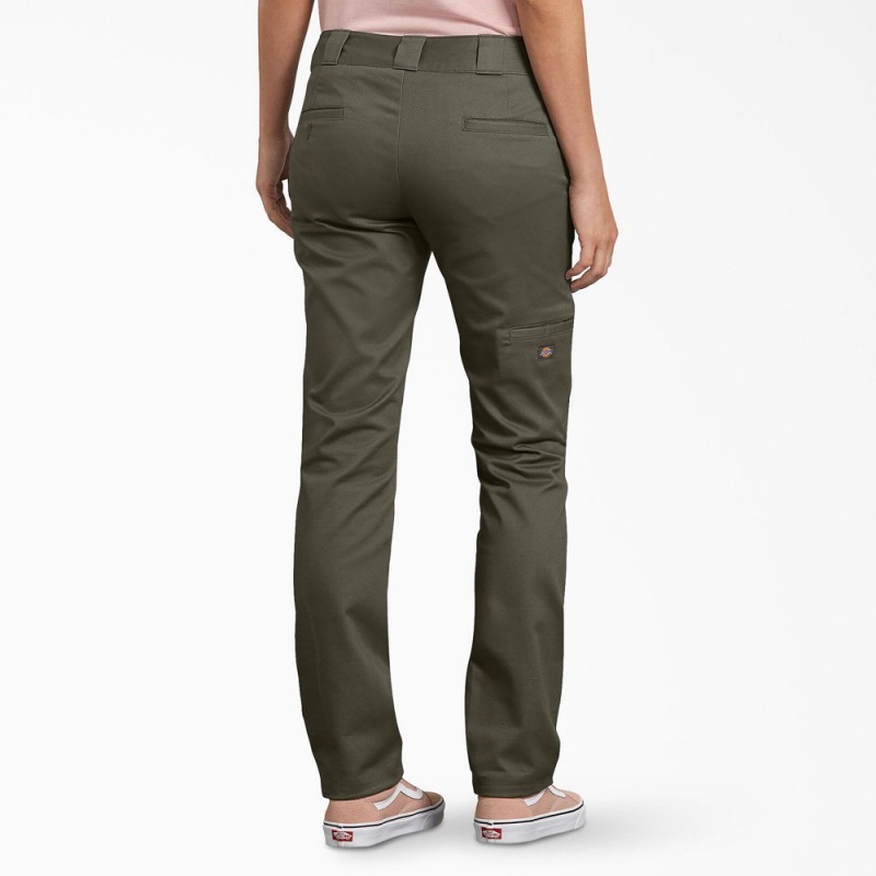 Green Dickies FLEX Slim Fit Double Knee Women's Pants | 158-JOZDUG