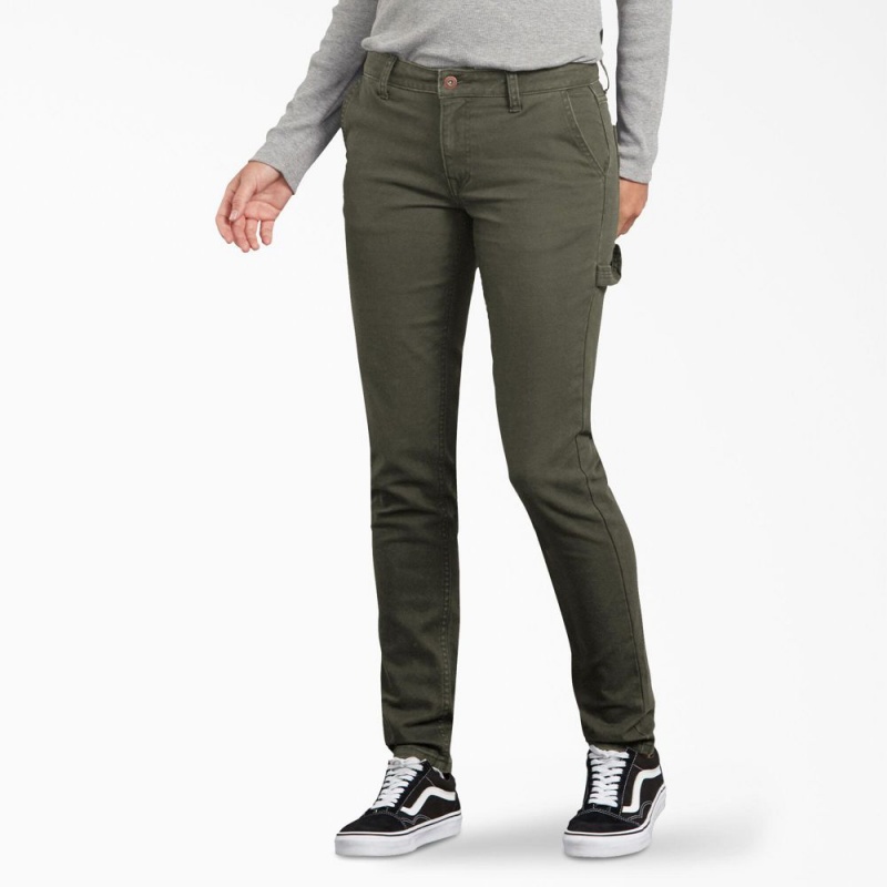 Green Dickies FLEX Slim Fit Duck Carpenter Women\'s Pants | 253-RLNIAH