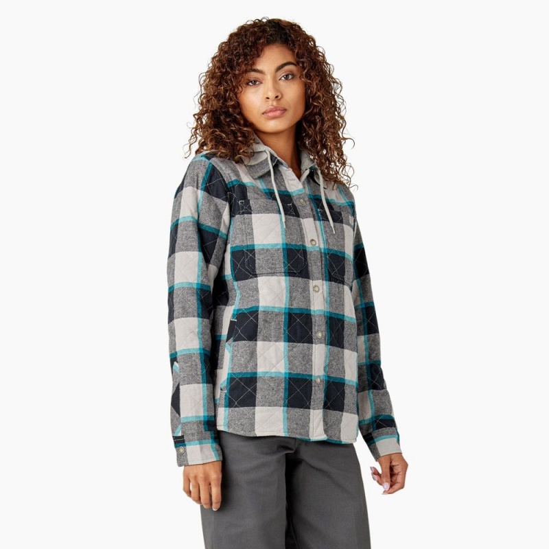 Green Dickies Flannel Hooded Shirt Women's Jacket | 832-AYRQXD