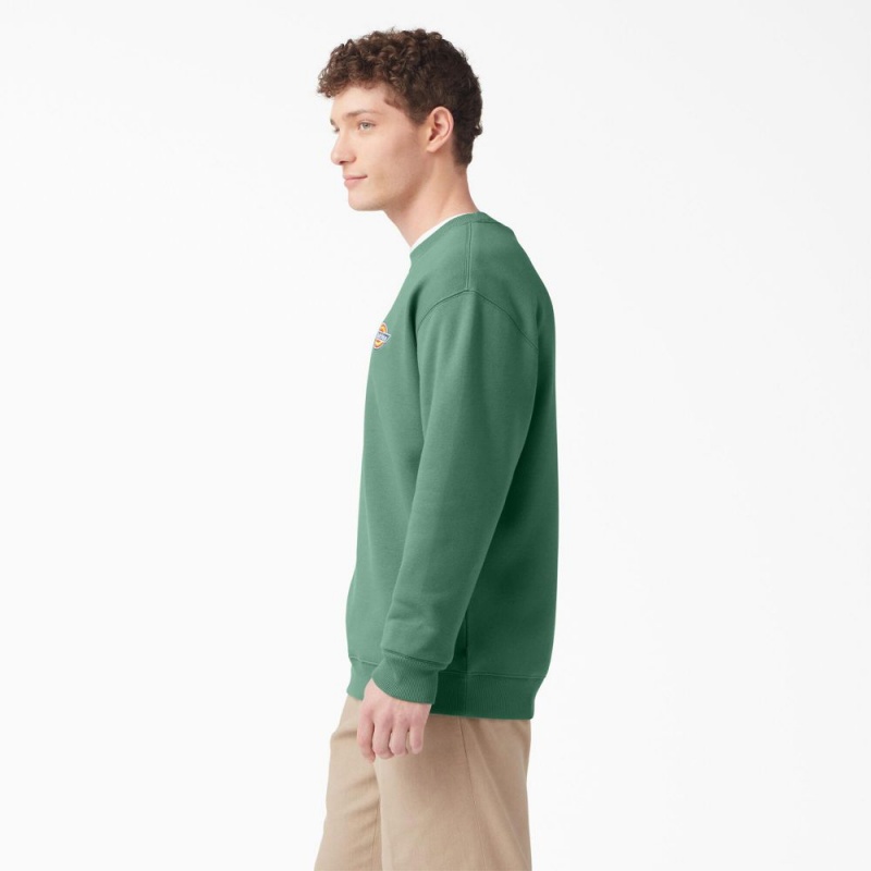 Green Dickies Fleece Embroidered Chest Logo Men's Sweatshirt | 784-BFUDHQ