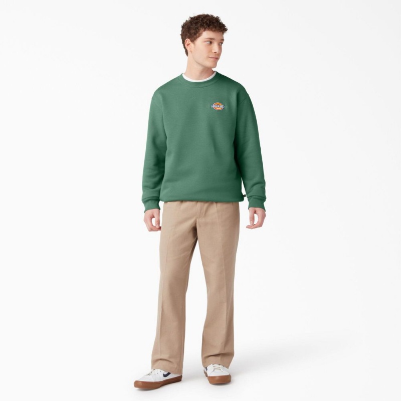 Green Dickies Fleece Embroidered Chest Logo Men's Sweatshirt | 784-BFUDHQ