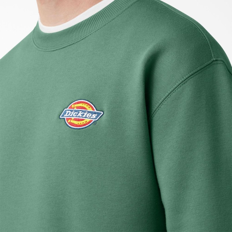 Green Dickies Fleece Embroidered Chest Logo Men's Sweatshirt | 784-BFUDHQ