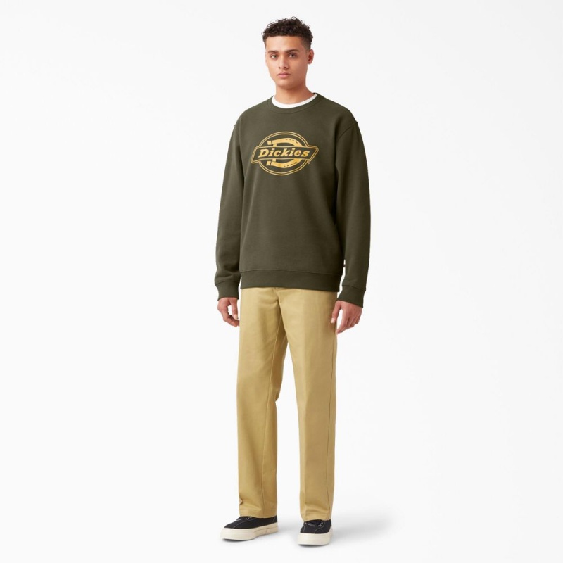 Green Dickies Fleece Logo Graphic Men's Sweatshirt | 240-VNJEBM