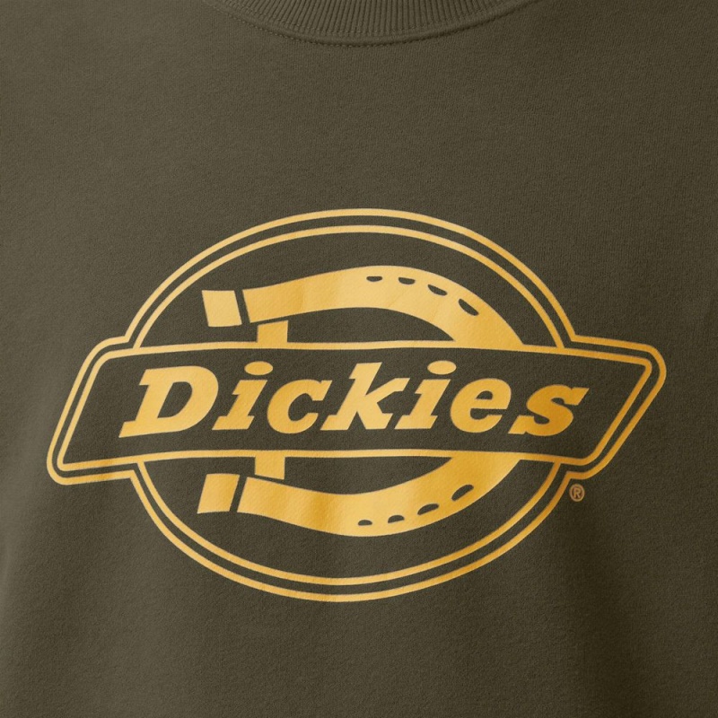 Green Dickies Fleece Logo Graphic Men's Sweatshirt | 240-VNJEBM