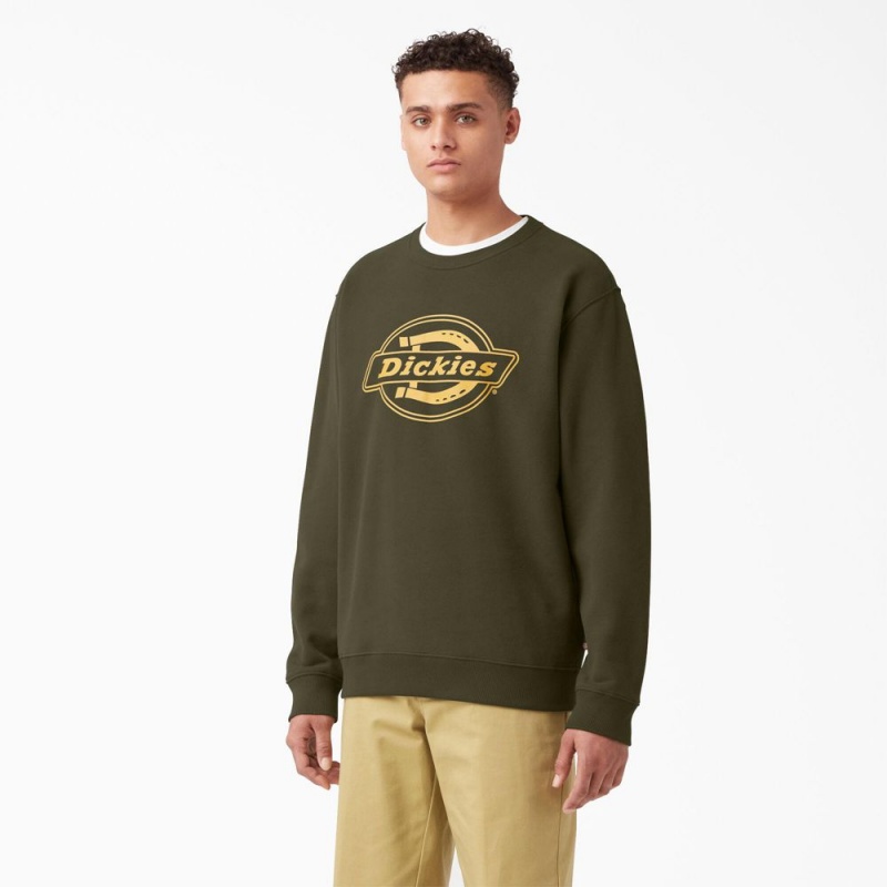 Green Dickies Fleece Logo Graphic Men\'s Sweatshirt | 240-VNJEBM