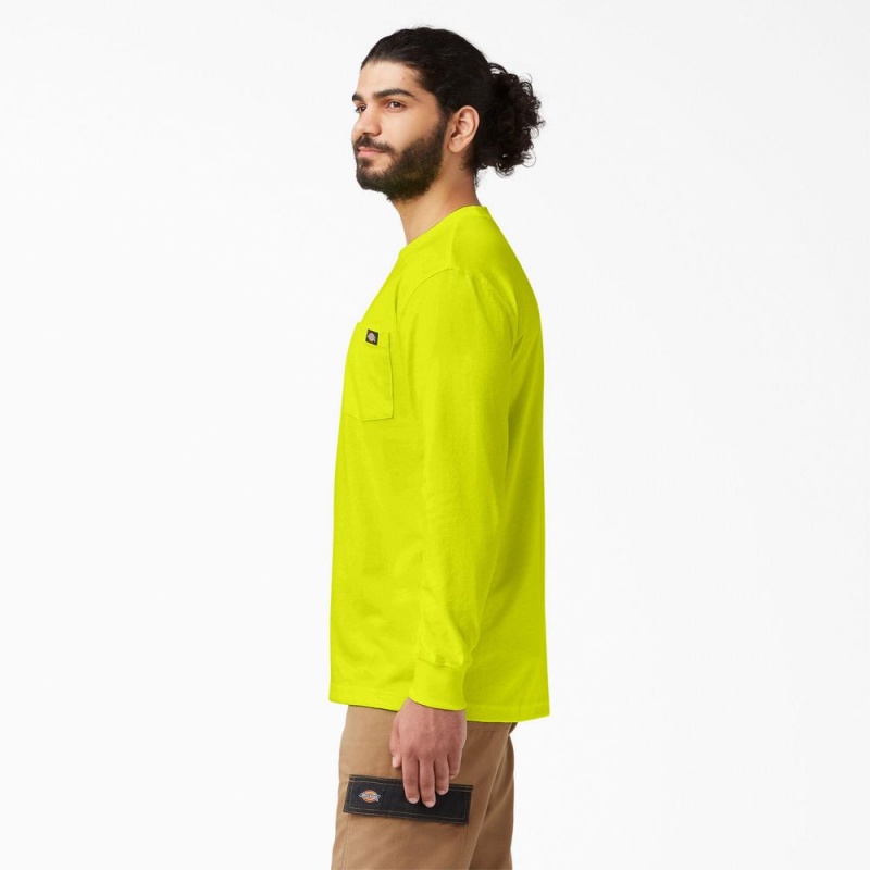 Green Dickies Heavyweight Neon Long Sleeve Pocket Men's T-Shirt | 039-HDFOTW