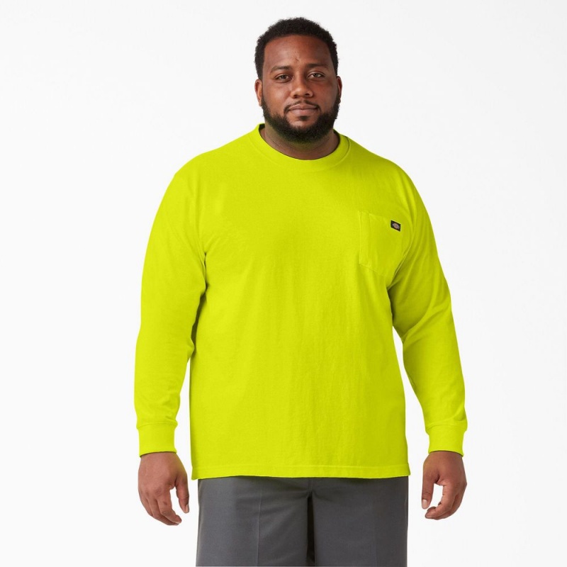 Green Dickies Heavyweight Neon Long Sleeve Pocket Men's T-Shirt | 039-HDFOTW