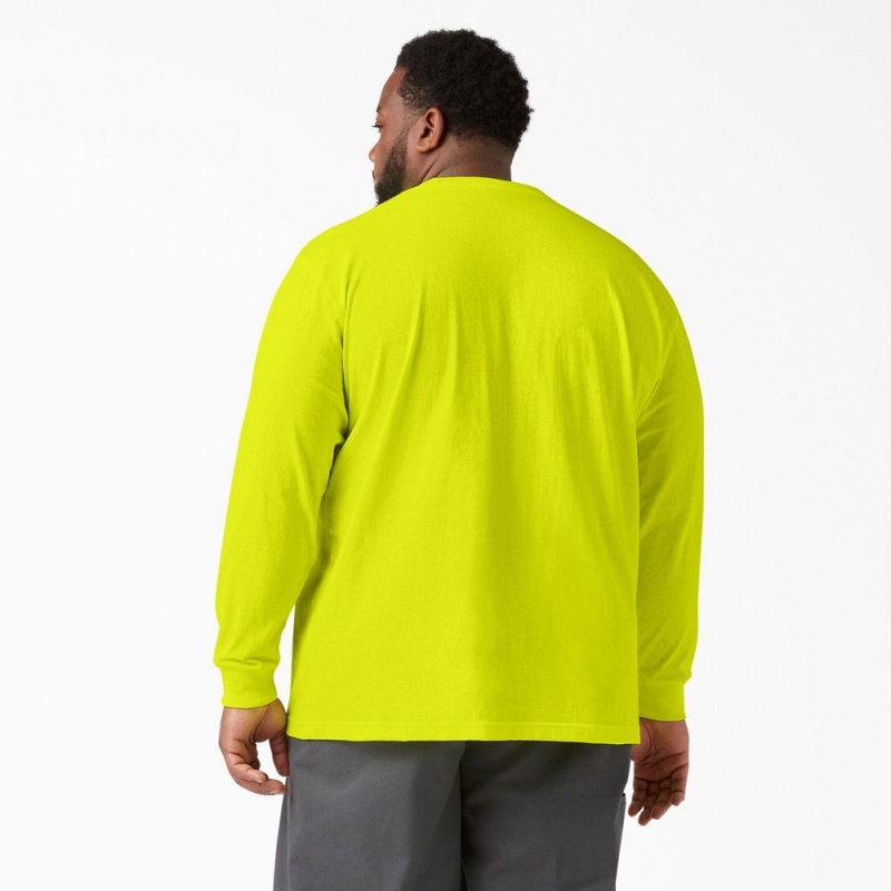 Green Dickies Heavyweight Neon Long Sleeve Pocket Men's T-Shirt | 039-HDFOTW