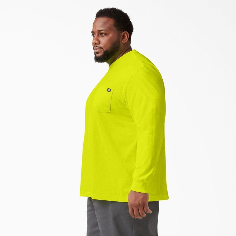 Green Dickies Heavyweight Neon Long Sleeve Pocket Men's T-Shirt | 039-HDFOTW