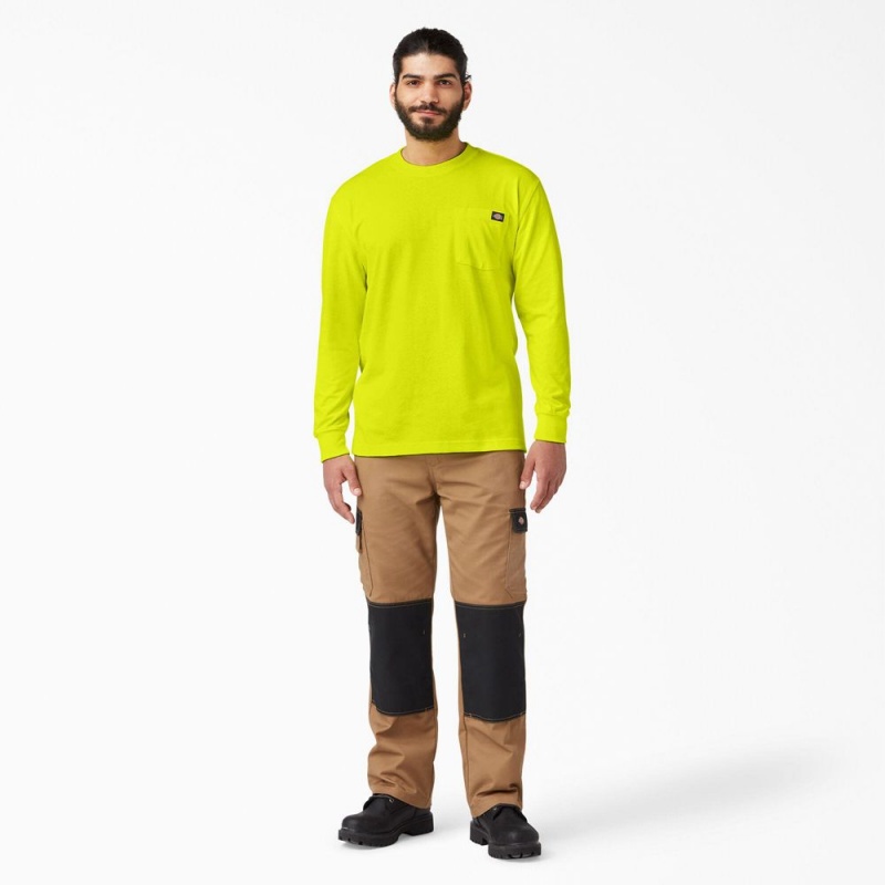 Green Dickies Heavyweight Neon Long Sleeve Pocket Men's T-Shirt | 039-HDFOTW