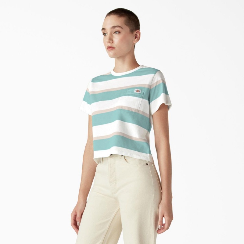 Green Dickies Large Striped Cropped Pocket Women's T-Shirt | 528-VGUHQR