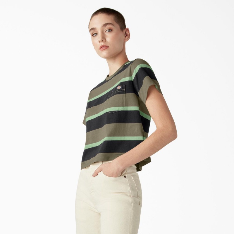 Green Dickies Large Striped Cropped Pocket Women's T-Shirt | 158-UDNPXO