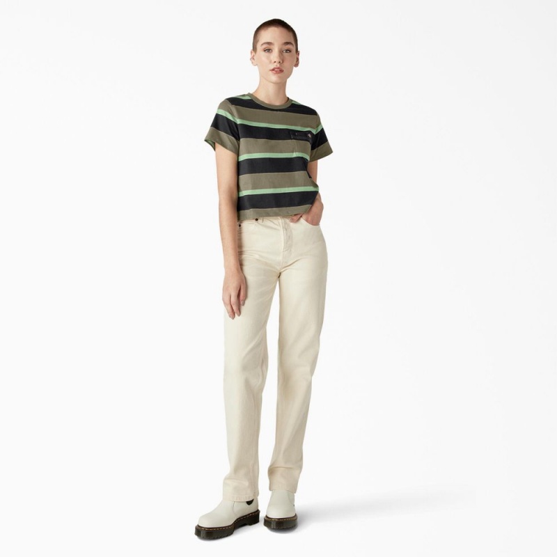 Green Dickies Large Striped Cropped Pocket Women's T-Shirt | 158-UDNPXO