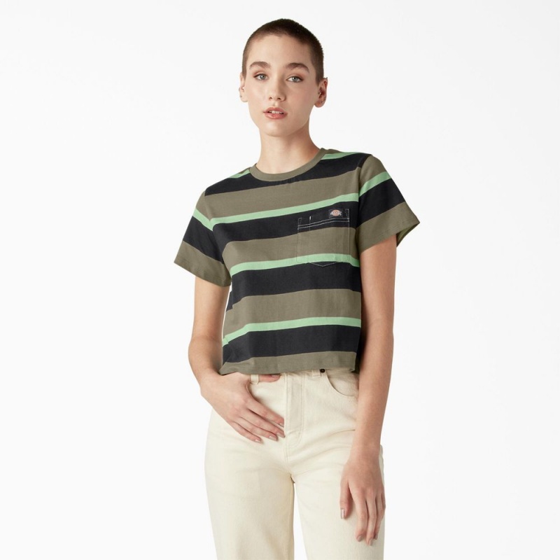 Green Dickies Large Striped Cropped Pocket Women\'s T-Shirt | 158-UDNPXO