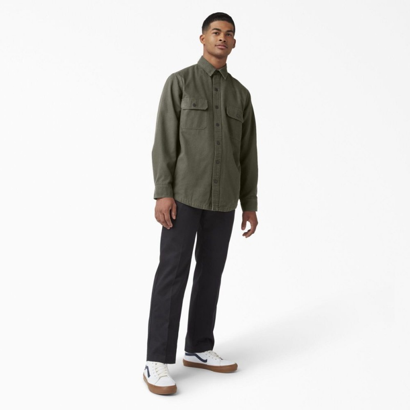 Green Dickies Long Sleeve Flannel-Lined Duck Men's Shirt | 180-HIUACD