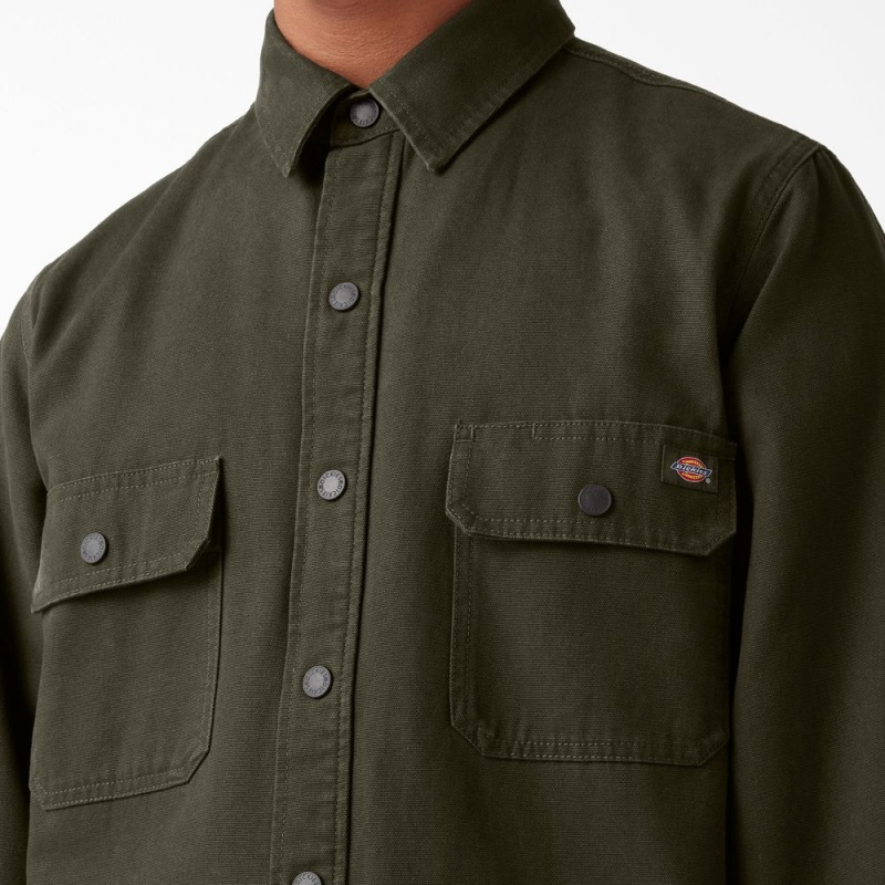 Green Dickies Long Sleeve Flannel-Lined Duck Men's Shirt | 180-HIUACD