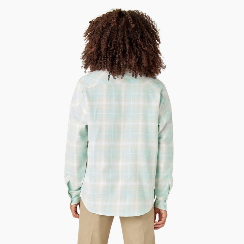 Green Dickies Long Sleeve Flannel Women's Shirt | 290-OLDAJY