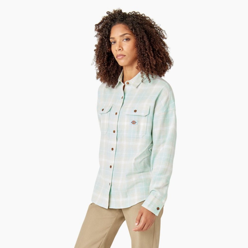 Green Dickies Long Sleeve Flannel Women's Shirt | 290-OLDAJY