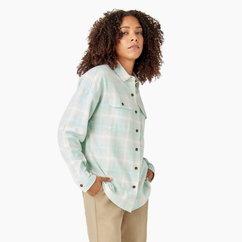 Green Dickies Long Sleeve Flannel Women's Shirt | 290-OLDAJY