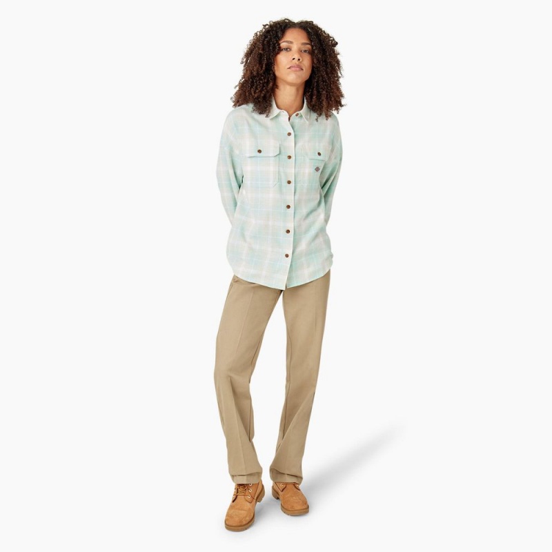 Green Dickies Long Sleeve Flannel Women's Shirt | 290-OLDAJY