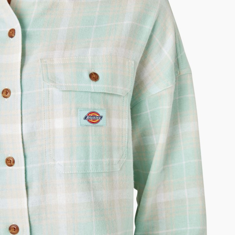 Green Dickies Long Sleeve Flannel Women's Shirt | 290-OLDAJY