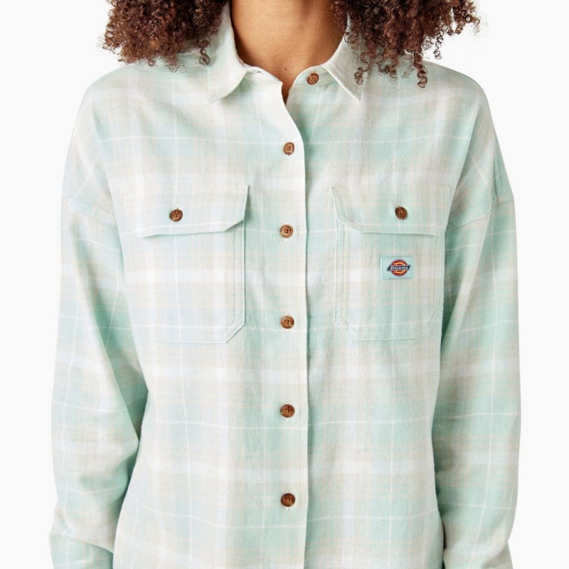 Green Dickies Long Sleeve Flannel Women's Shirt | 290-OLDAJY