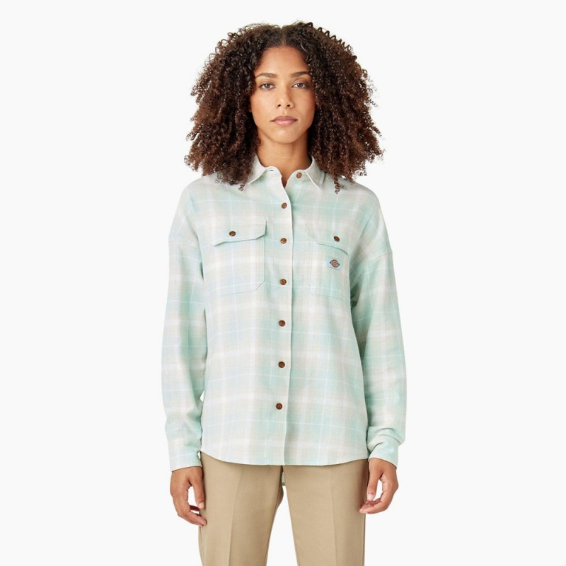 Green Dickies Long Sleeve Flannel Women\'s Shirt | 290-OLDAJY