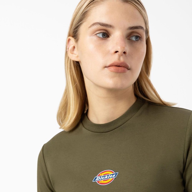 Green Dickies Maple Valley Logo Long Sleeve Cropped Women's T-Shirt | 693-RETXFO