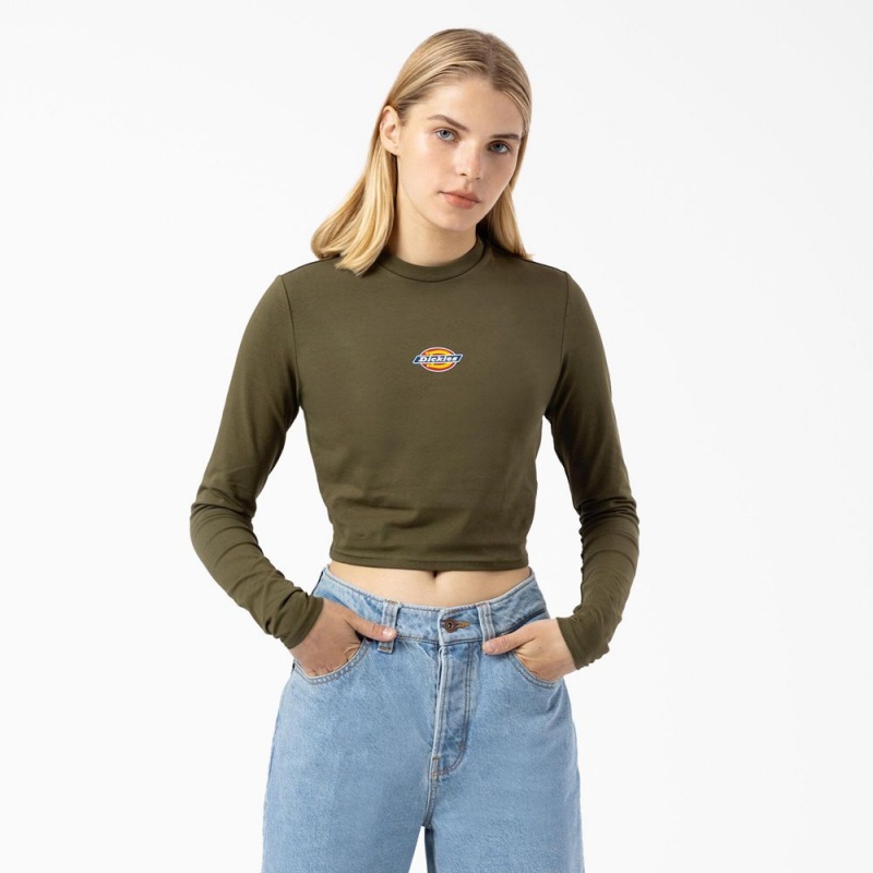 Green Dickies Maple Valley Logo Long Sleeve Cropped Women\'s T-Shirt | 693-RETXFO