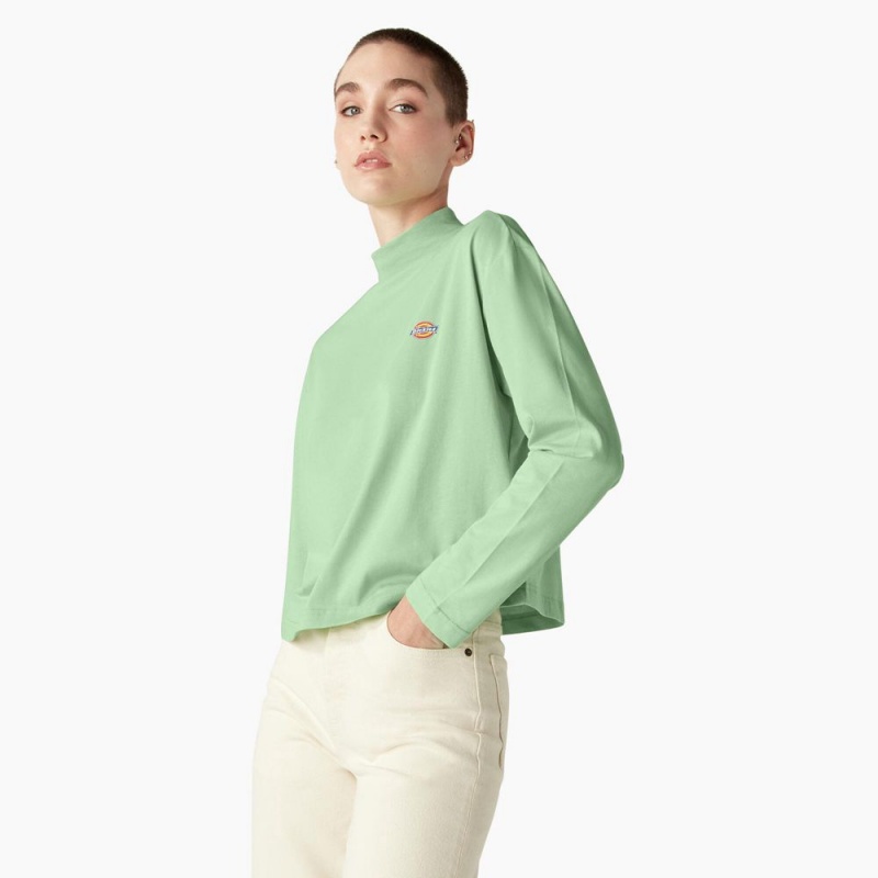 Green Dickies Mapleton High Neck Long Sleeve Women's T-Shirt | 403-JGNCLB