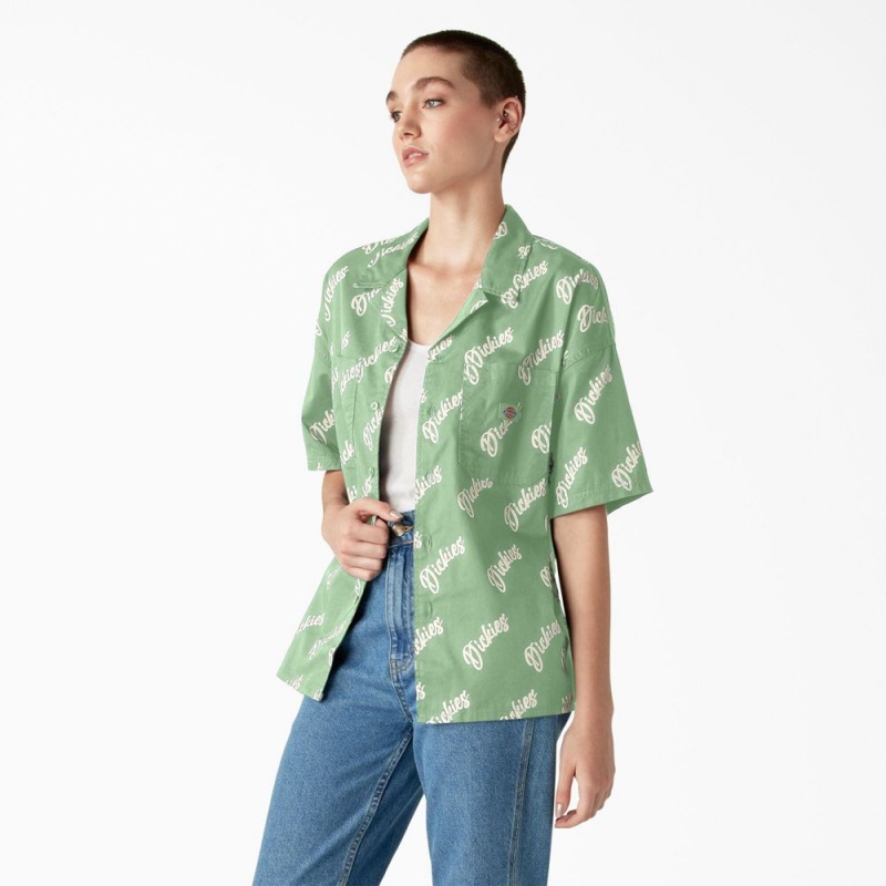 Green Dickies Mayetta Logo Print Women's Shirt | 916-CYDEQK