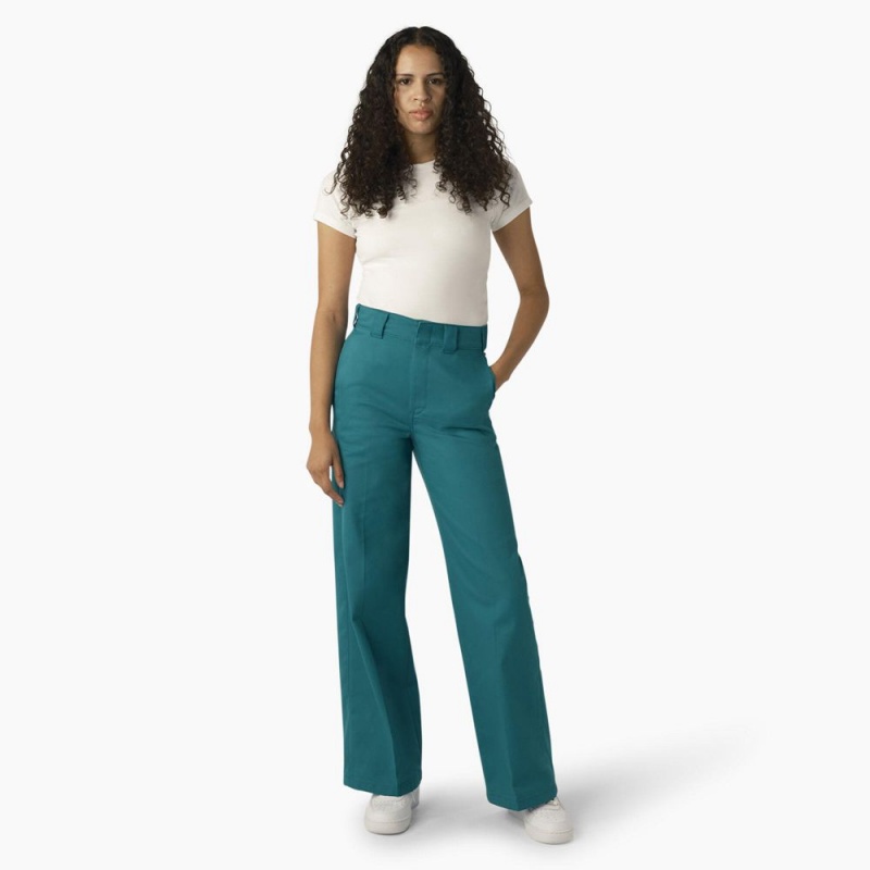 Green Dickies Regular Fit Wide Leg Women's Work Pants | 932-GFMSRO