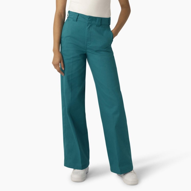 Green Dickies Regular Fit Wide Leg Women\'s Work Pants | 932-GFMSRO